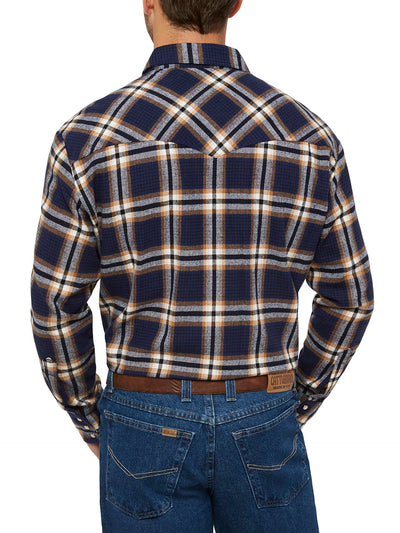 Men's Ely Cattleman Long Sleeve Brawny Flannel Western Snap Shirt- Navy