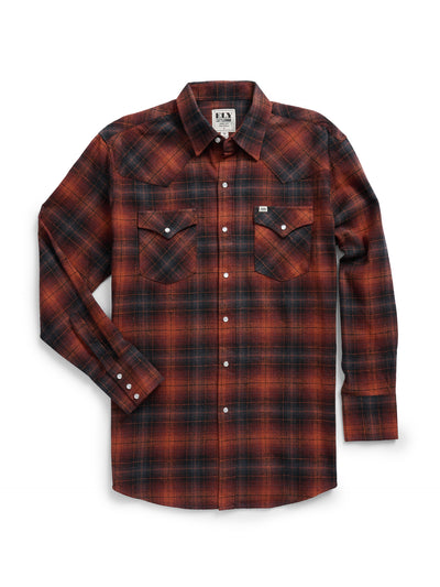 Men's Ely Cattleman Long Sleeve Brawny Flannel Western Snap Shirt- Rust