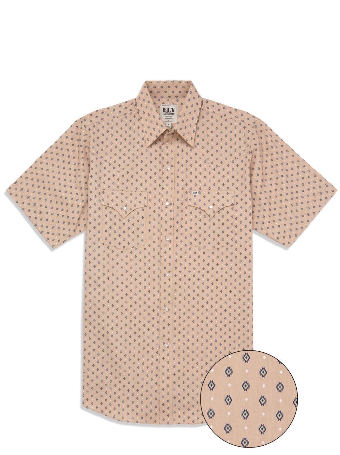 Men's Ely Cattleman Short Sleeve Mini Aztec Print Western Snap Shirt- Khaki