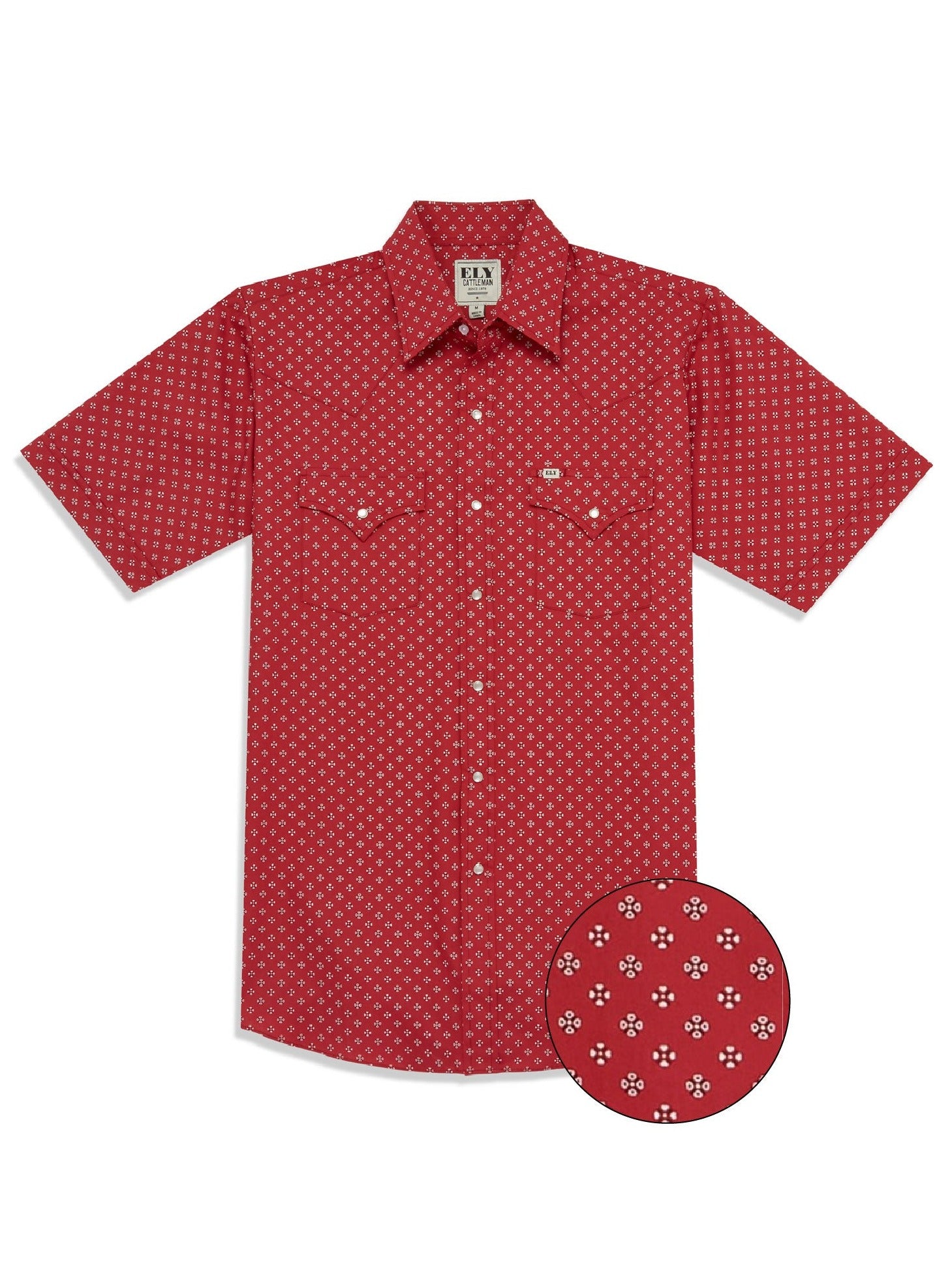 Men's Ely Cattleman Short Sleeve Mini Bandana Western Snap Shirt- Red