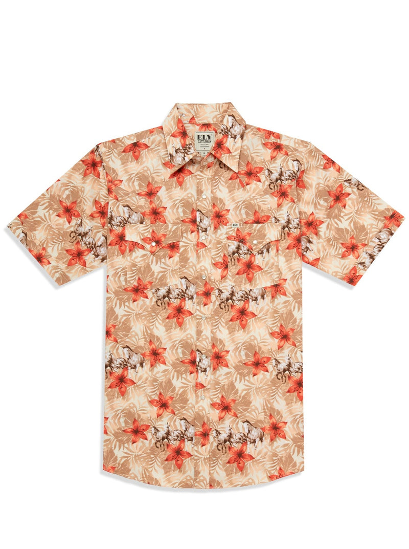 Men's Ely Cattleman Short Sleeve Hawaiian Horse Print Western Snap Shirt- Tan