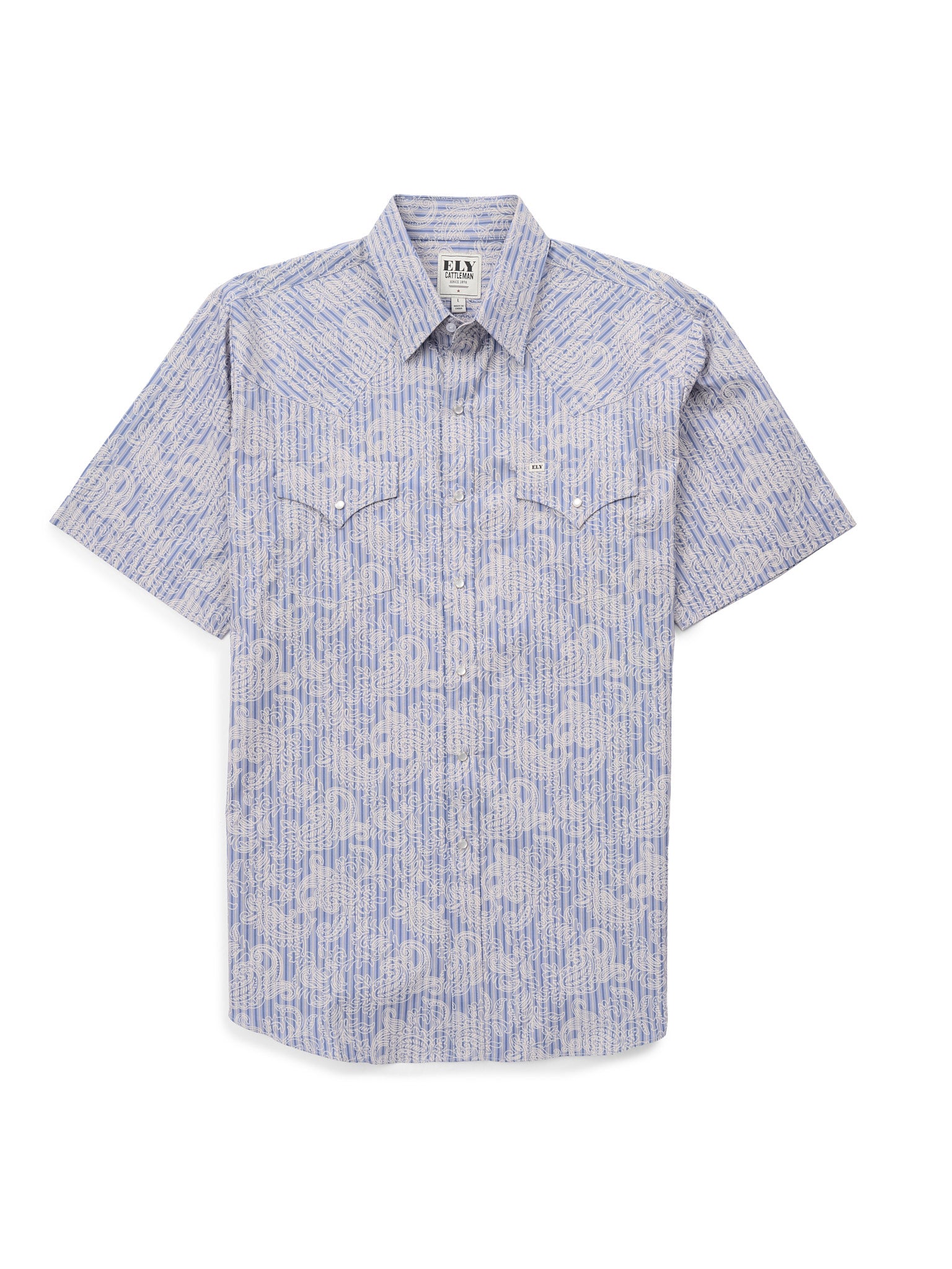 Men's Ely Cattleman Short Sleeve Stone Blue Paisley Print Western Snap Shirt