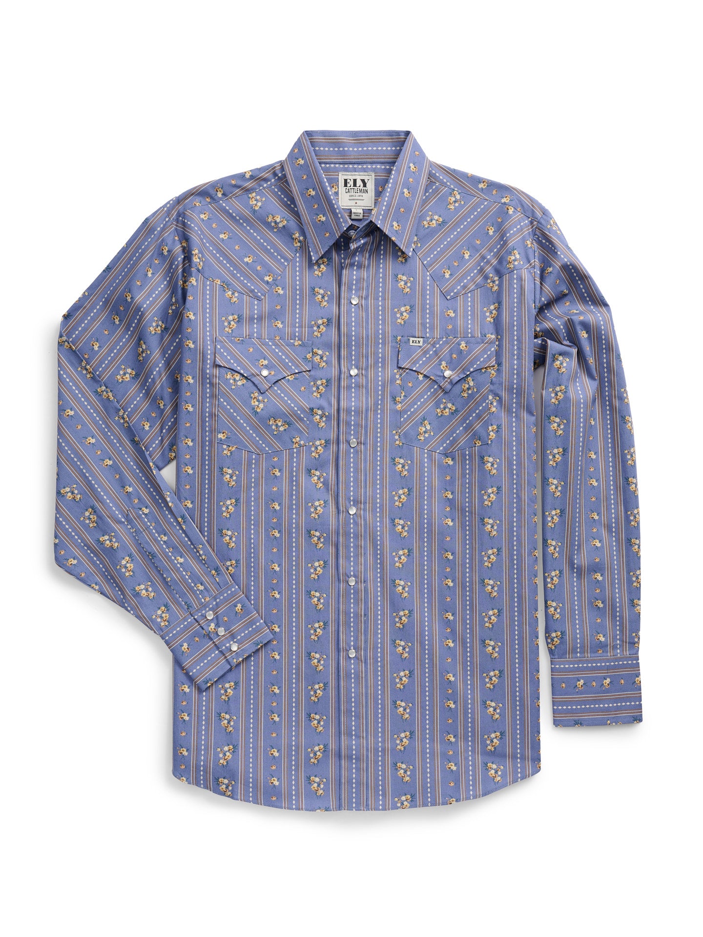 Men's Ely Cattleman Long Sleeve Wallpaper Floral Print Western Snap Shirt- Denim Blue