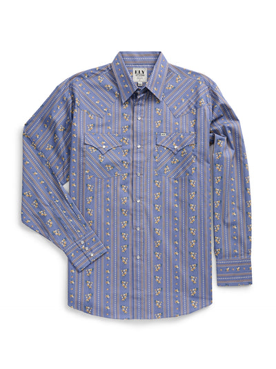 Men's Ely Cattleman Long Sleeve Wallpaper Floral Print Western Snap Shirt- Denim Blue