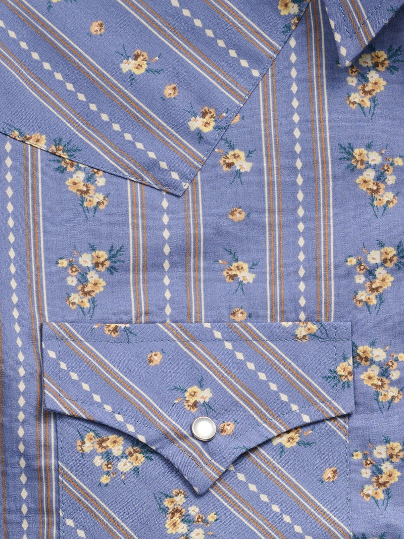 Men's Ely Cattleman Long Sleeve Wallpaper Floral Print Western Snap Shirt- Denim Blue