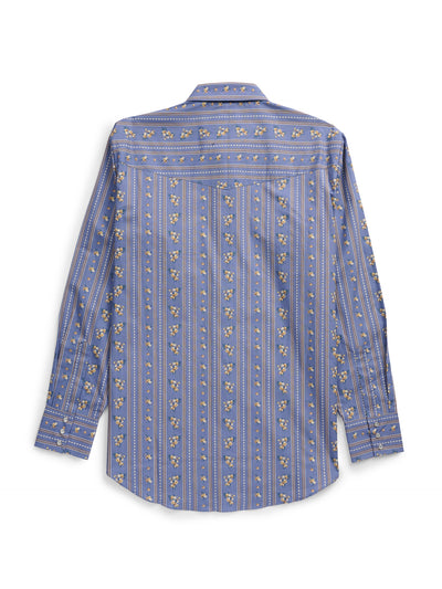 Men's Ely Cattleman Long Sleeve Wallpaper Floral Print Western Snap Shirt- Denim Blue