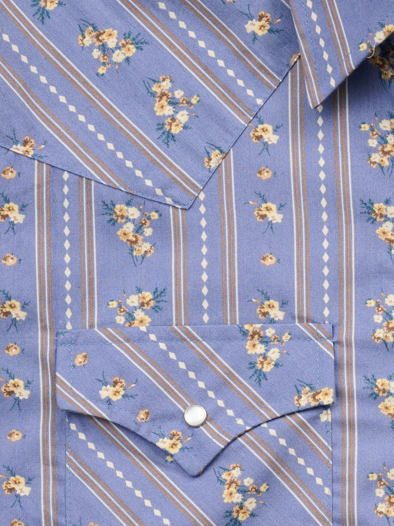 Men's Ely Cattleman Short Sleeve Wallpaper Floral Print Western Snap Shirt- Denim Blue