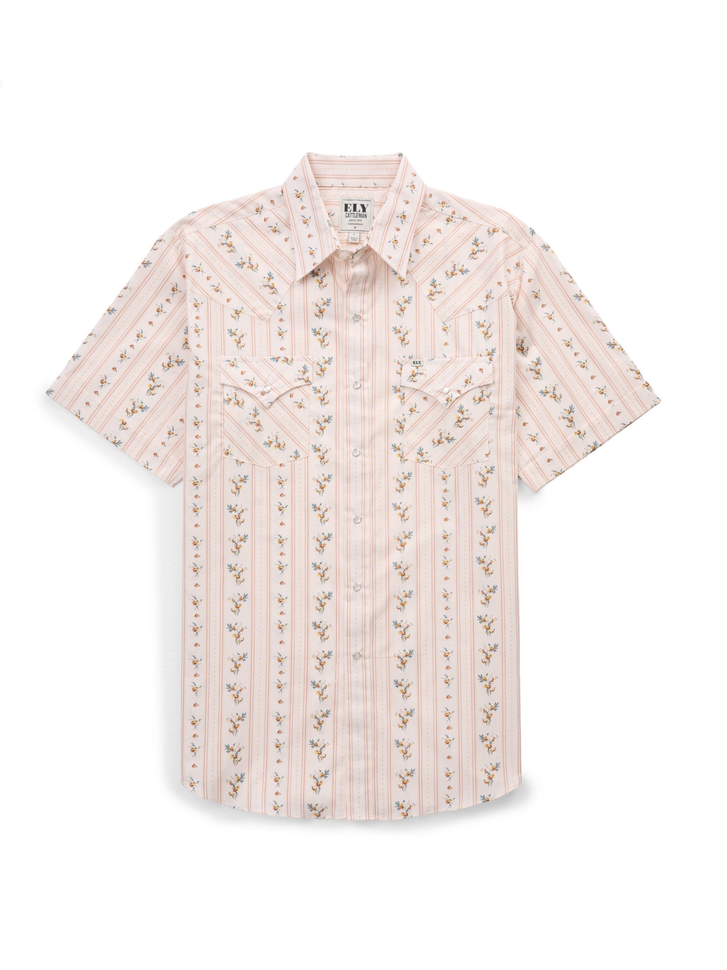 Men's Ely Cattleman Short Sleeve Wallpaper Floral Print Western Snap Shirt- Ecru