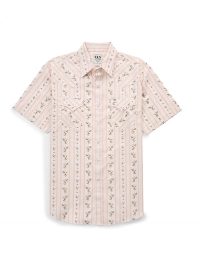 Men's Ely Cattleman Short Sleeve Wallpaper Floral Print Western Snap Shirt- Ecru
