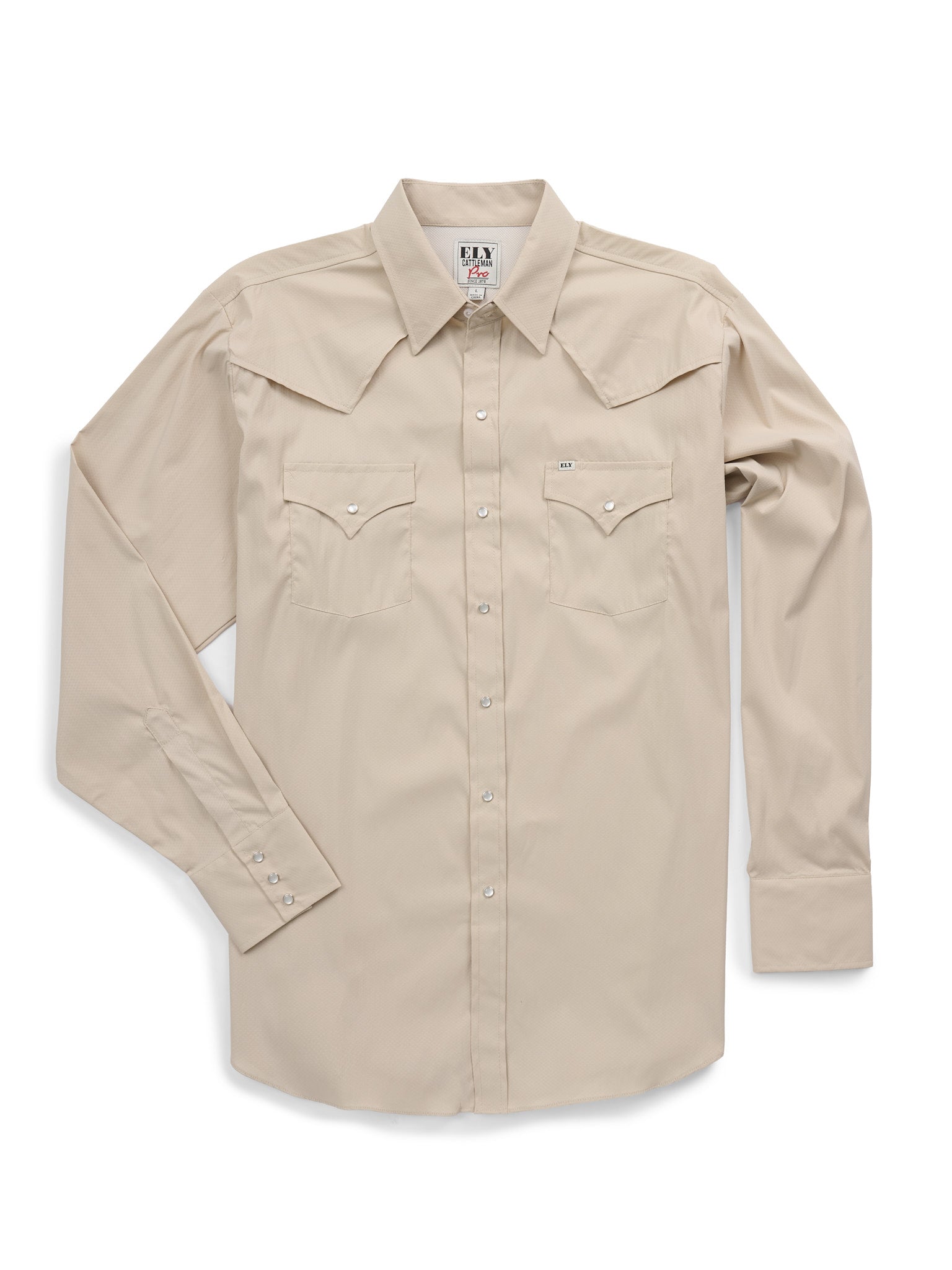 Men's Ely Cattleman Pro Long Sleeve Stretch Solid Khaki Vented Western Shirt
