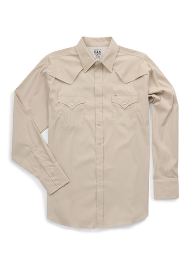 Men's Ely Cattleman Pro Long Sleeve Stretch Solid Khaki Vented Western Shirt