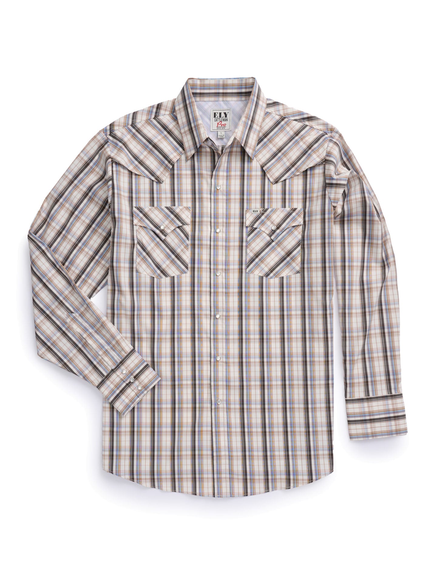 Men's Ely Cattleman Pro Long Sleeve Stretch Vented Western Shirt- Tan Plaid