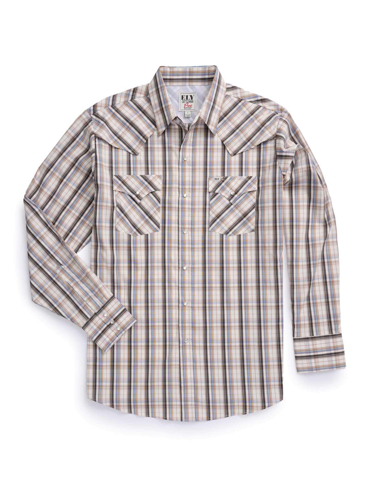 Men's Ely Cattleman Pro Long Sleeve Stretch  Outdoor Western Shirt- Tan Plaid