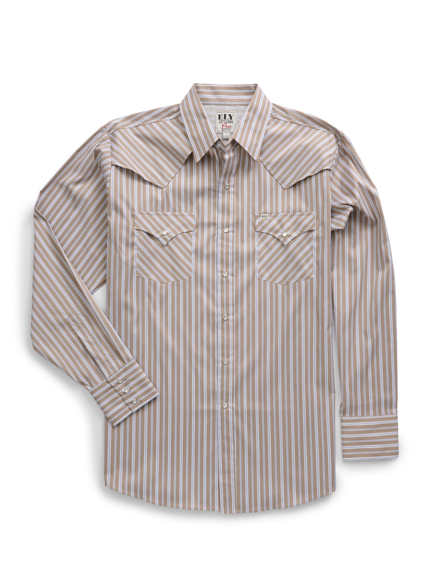 Men's Ely Cattleman Pro Long Sleeve Stretch Vented Western Shirt- Khaki Stripe