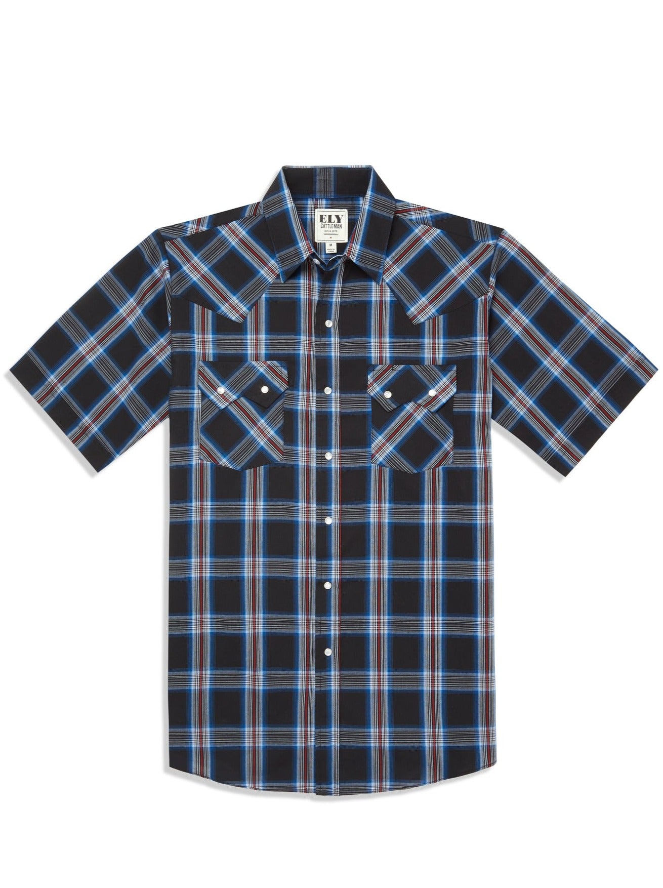 Chemise Western Homme Ely Cattleman – Carreaux Bleus, Flanelle Avec Boutons Pression Perle
