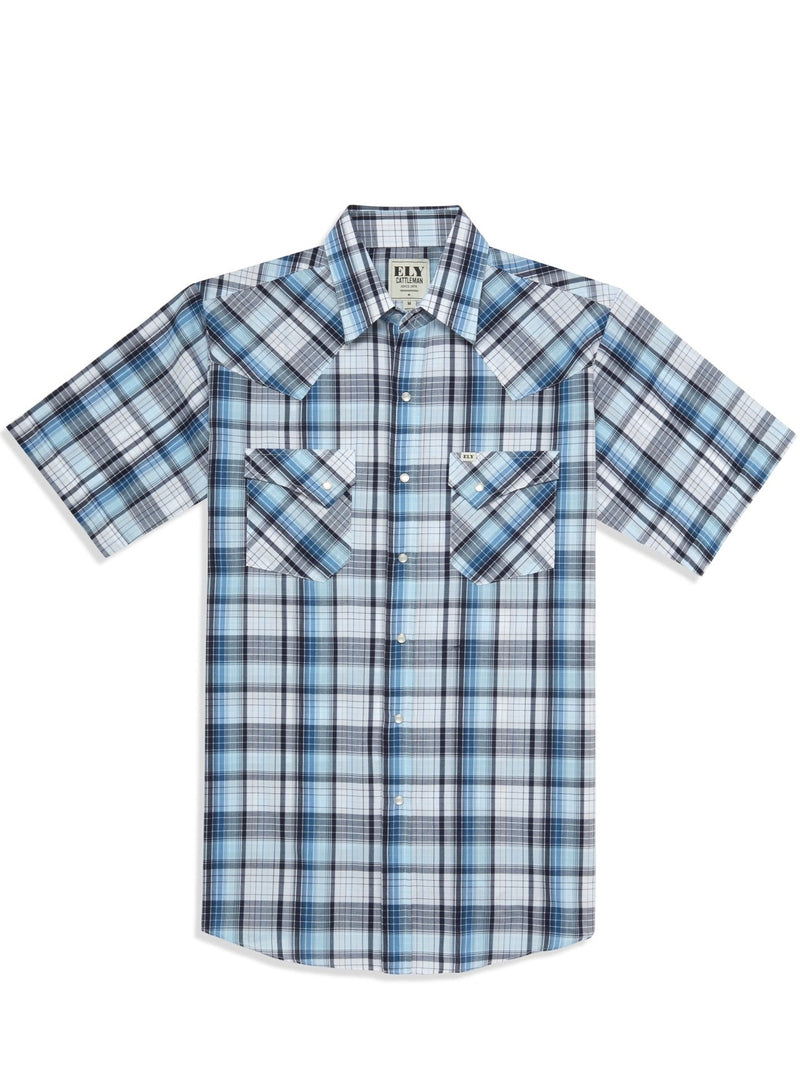 Men's Ely Cattleman Short Sleeve Plaid Western Snap Shirt- Brown & Blue