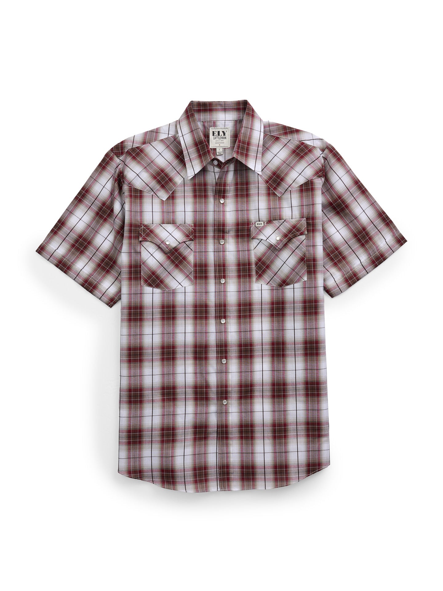 Men's Ely Cattleman Short Sleeve Plaid Western Snap Shirt- Burgundy & Navy