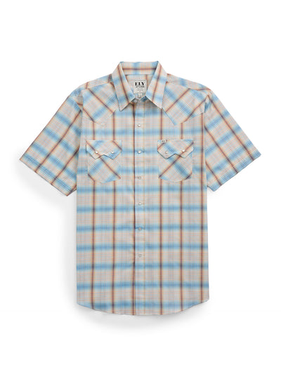 Men's Ely Cattleman Short Sleeve Plaid Western Snap Shirt- Light Blue & Rust