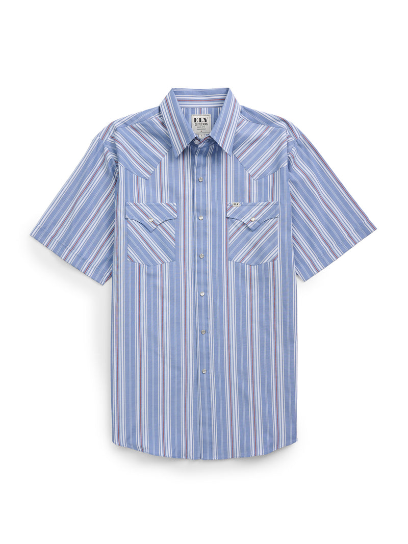 Men's Ely Cattleman Short Sleeve Stripe Western Snap Shirt- Rust & Chambray Blue