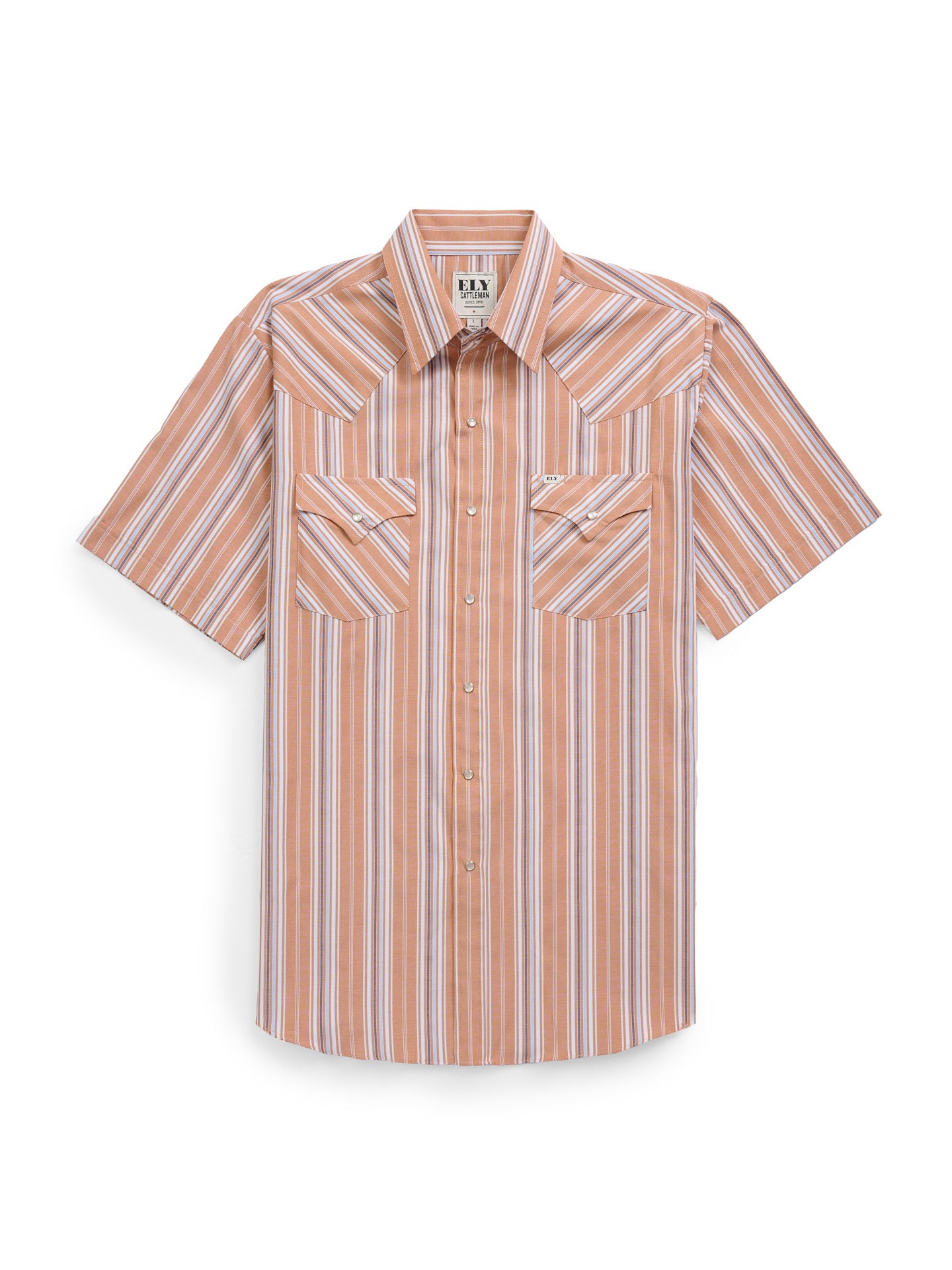 Men's Ely Cattleman Short Sleeve Stripe Western Snap Shirt- Rust & Chambray Blue