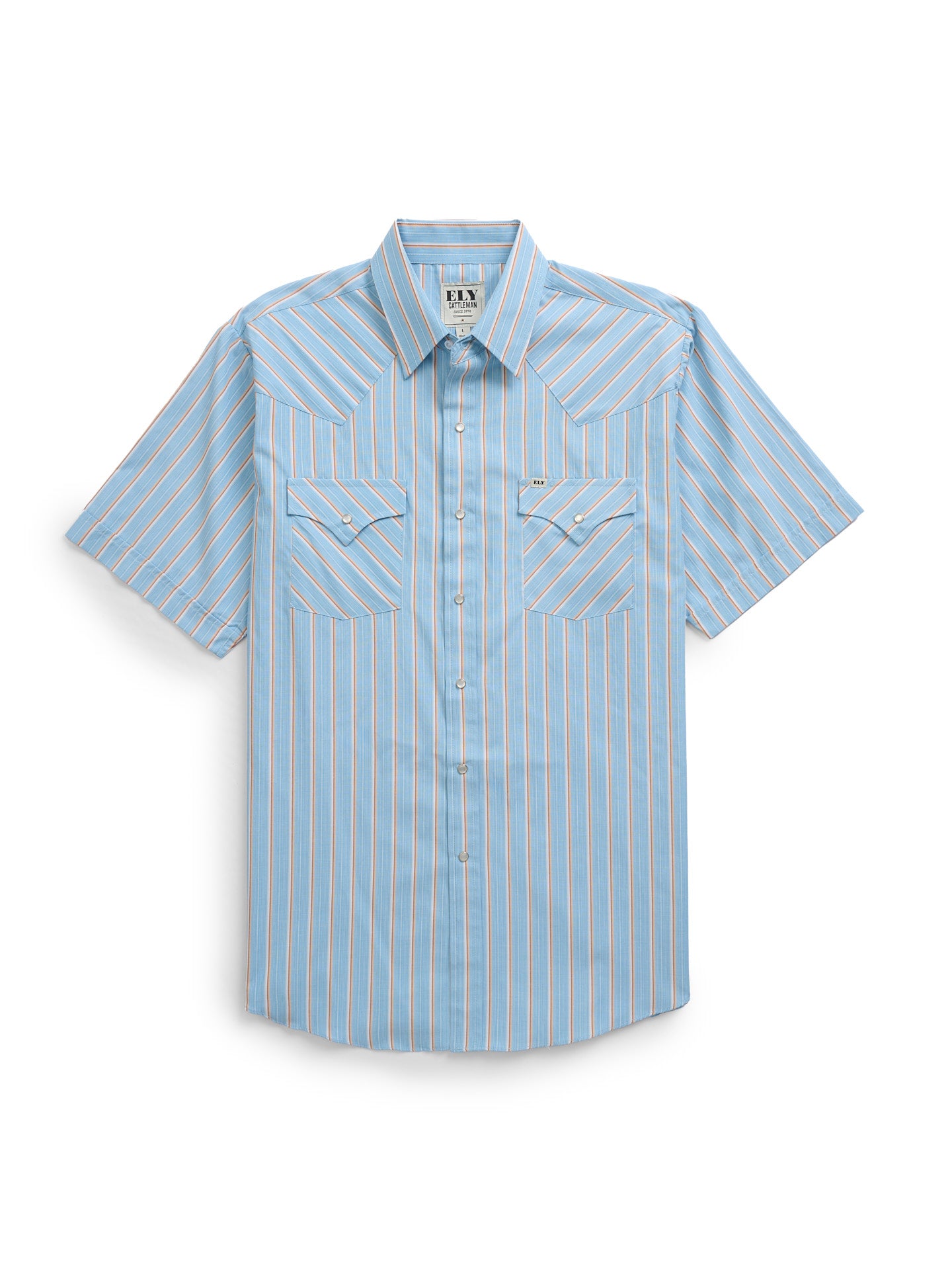 Men's Ely Cattleman Short Sleeve Stripe Western Snap Shirt- Blue & Tan