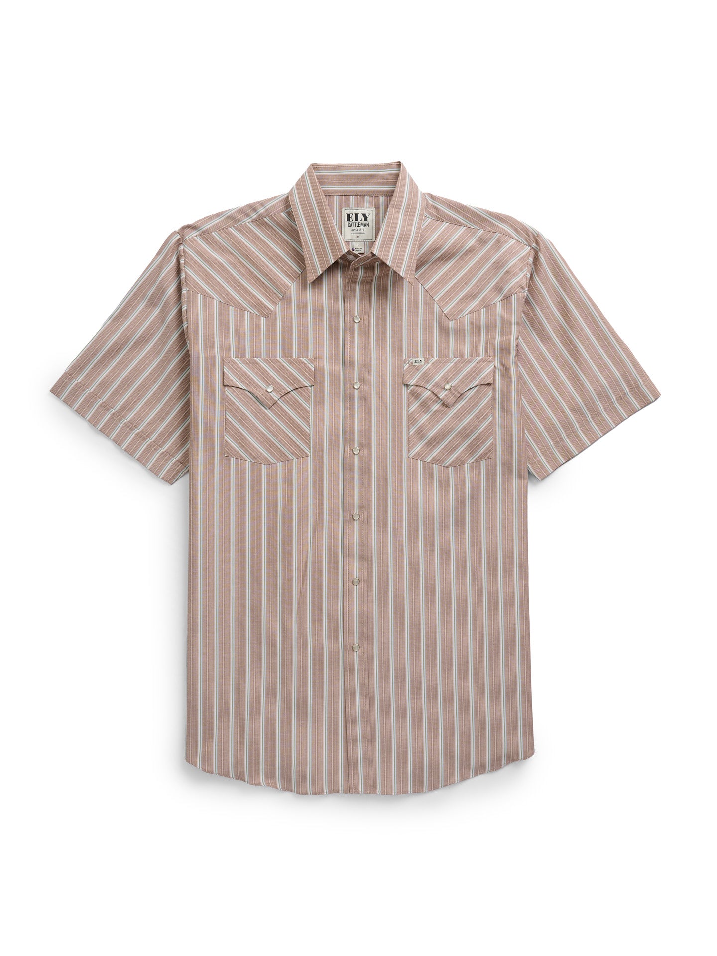 Men's Ely Cattleman Short Sleeve Stripe Western Snap Shirt- Tan Men's Ely Cattleman Short Sleeve Stripe Western Snap Shirt- Tan