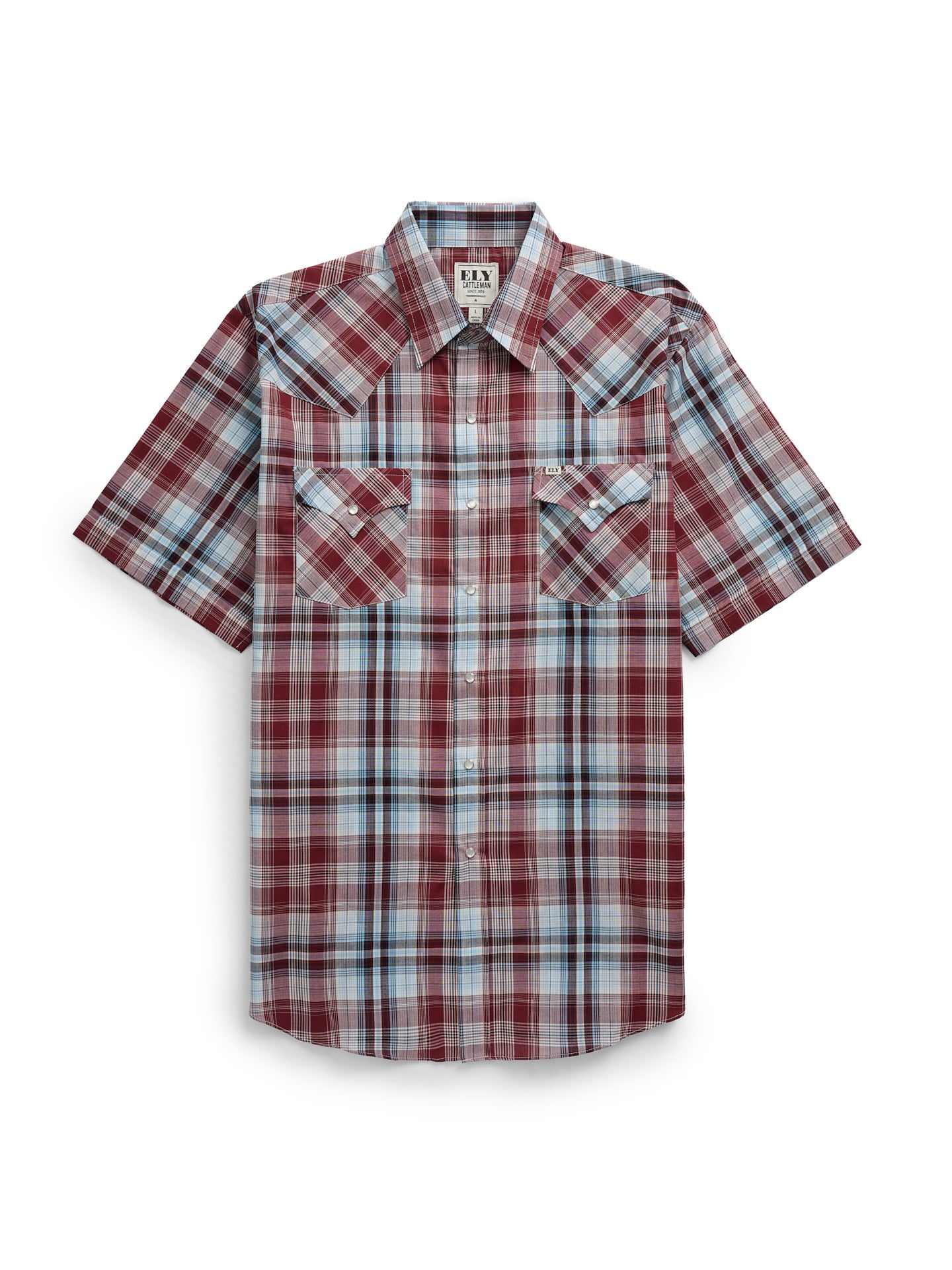 Men's Ely Cattleman Short Sleeve Burgundy Plaid Western Snap Shirt