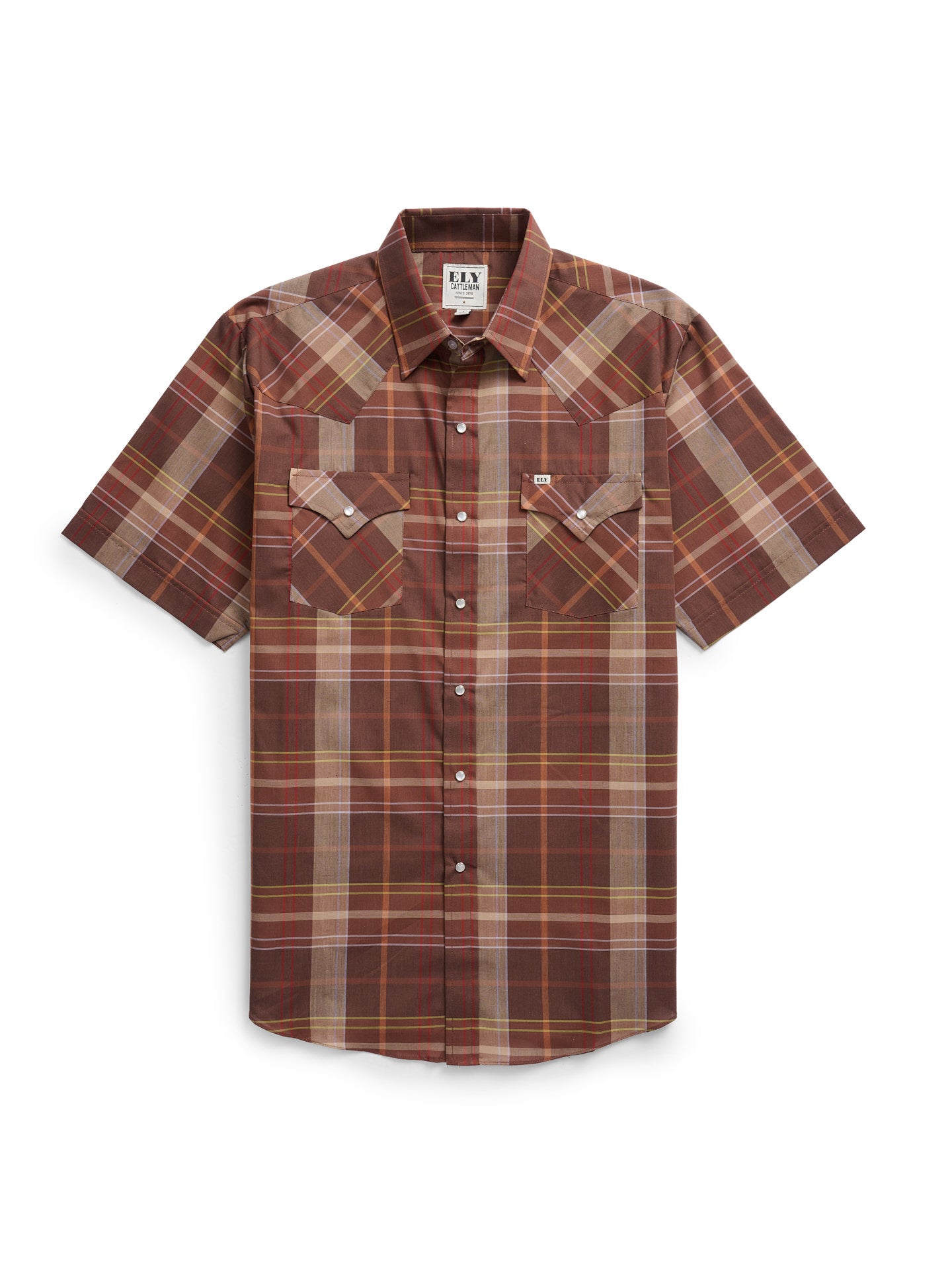 Men's Ely Cattleman Short Sleeve Brown Plaid Western Snap Shirt