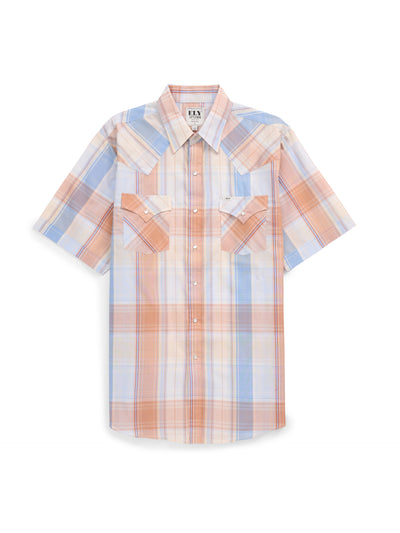 Men's Ely Cattleman Short Sleeve Light Blue Plaid Western Snap Shirt