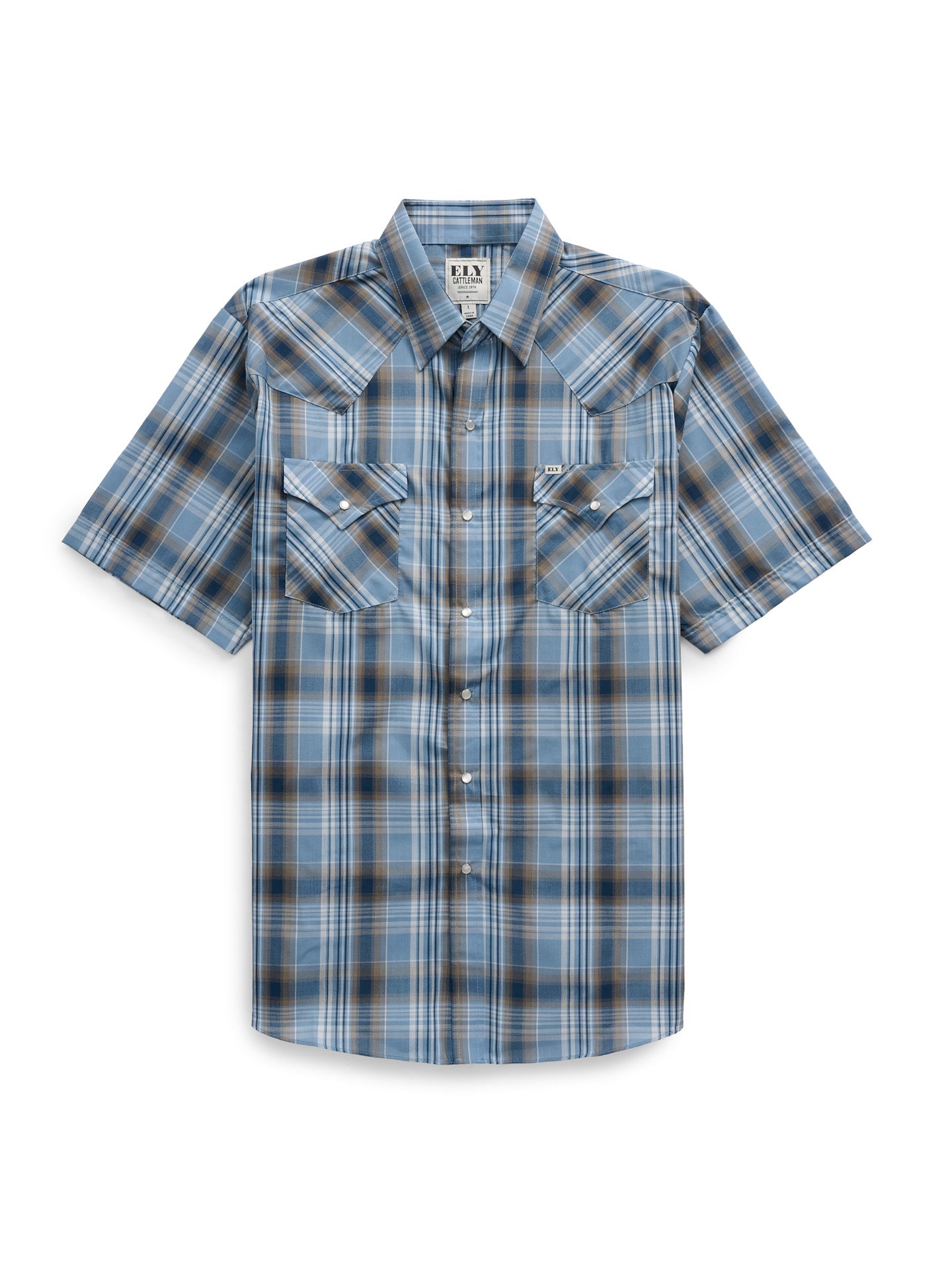 Men's Ely Cattleman Short Sleeve Stone Blue Plaid Western Snap Shirt