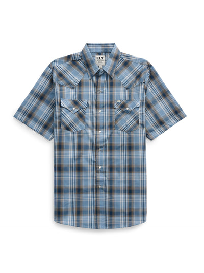 Men's Ely Cattleman Short Sleeve Stone Blue Plaid Western Snap Shirt
