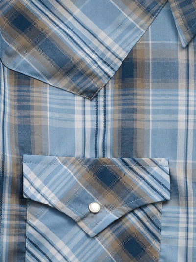 Men's Ely Cattleman Short Sleeve Stone Blue Plaid Western Snap Shirt