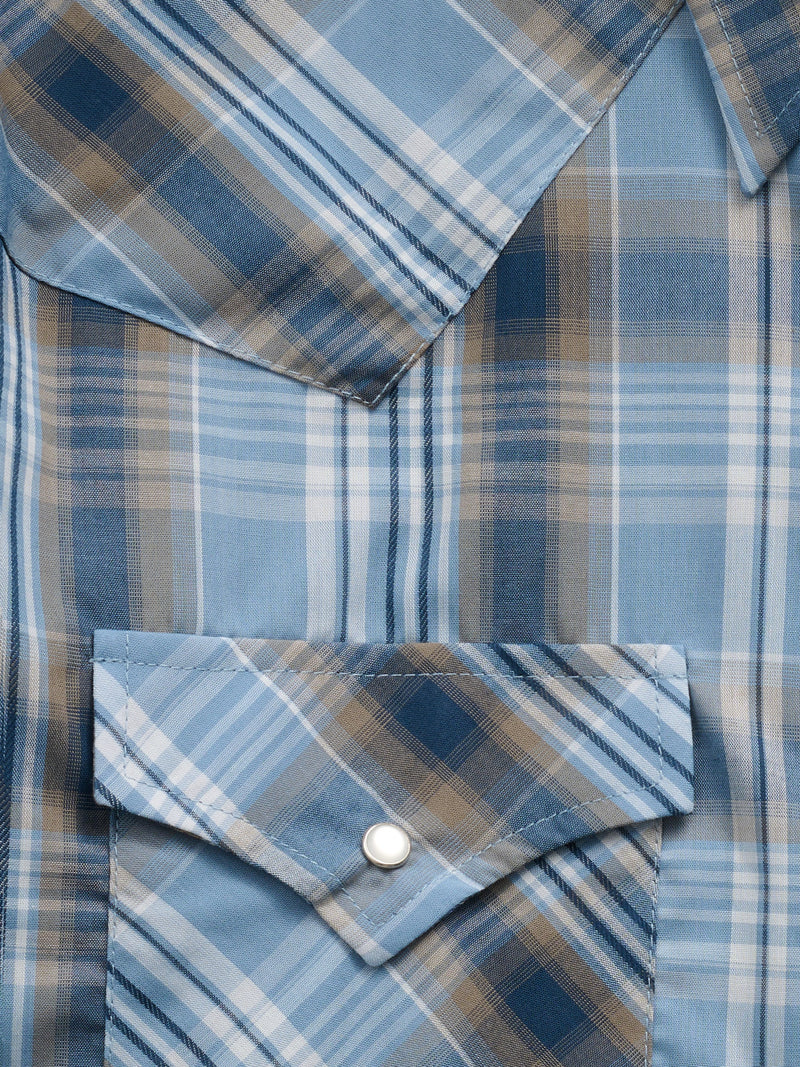 Men's Ely Cattleman Short Sleeve Stone Blue Plaid Western Snap Shirt
