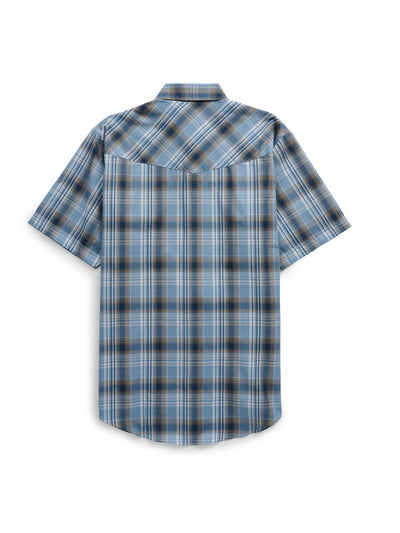 Men's Ely Cattleman Short Sleeve Stone Blue Plaid Western Snap Shirt