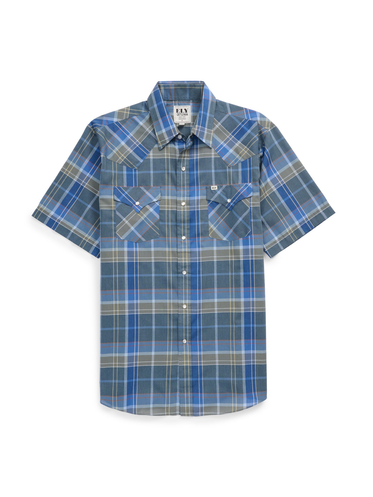 Men's Ely Cattleman Short Sleeve Navy Plaid Western Snap Shirt