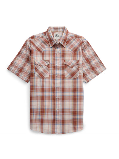 Men's Ely Cattleman Short Sleeve Rust Plaid Western Snap Shirt