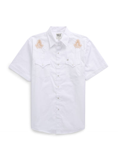 Men's Ely Cattleman Short Sleeve Solid Shirt with Guadalupana Embroidery Western Snap Shirt