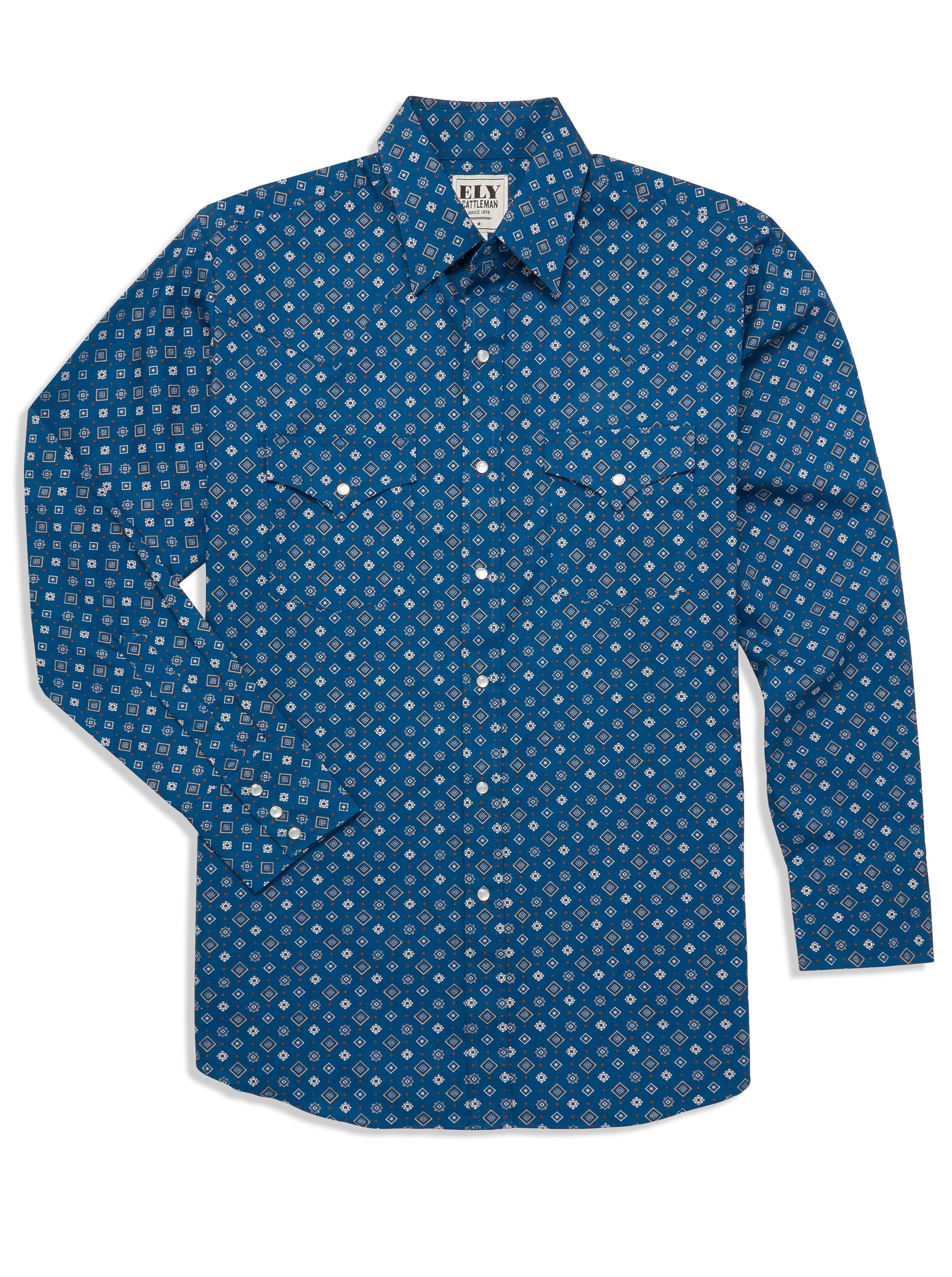 Men's Ely Cattleman Long Sleeve Geo Print Western Snap Shirt - Blue & Rust