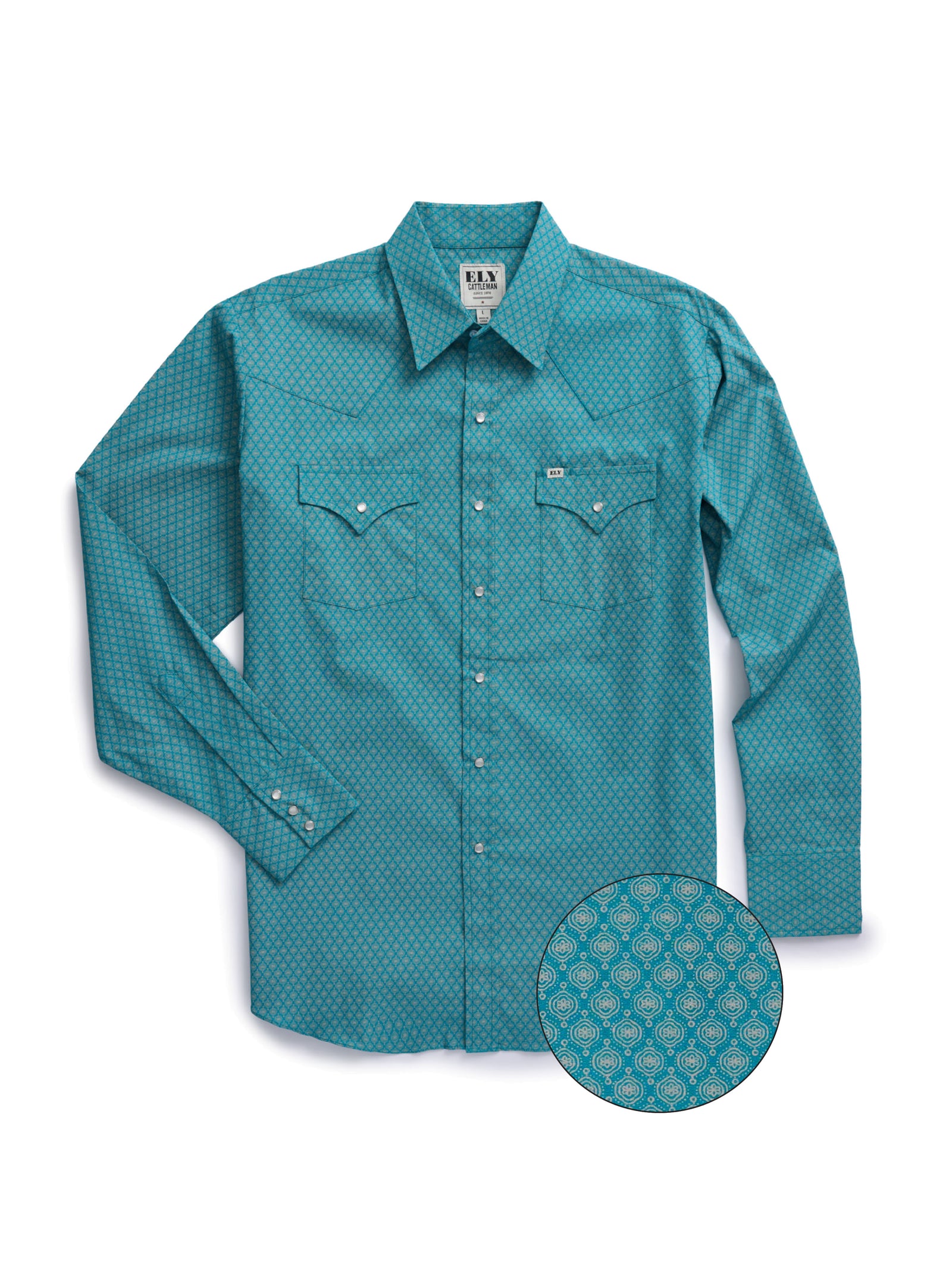 Men's Ely Cattleman Long Sleeve Medallion Print Western Snap Shirt- Teal & Khaki