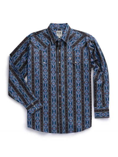 Men's Ely Cattleman Long Sleeve Aztec Print Western Snap Shirt - Blue & Black