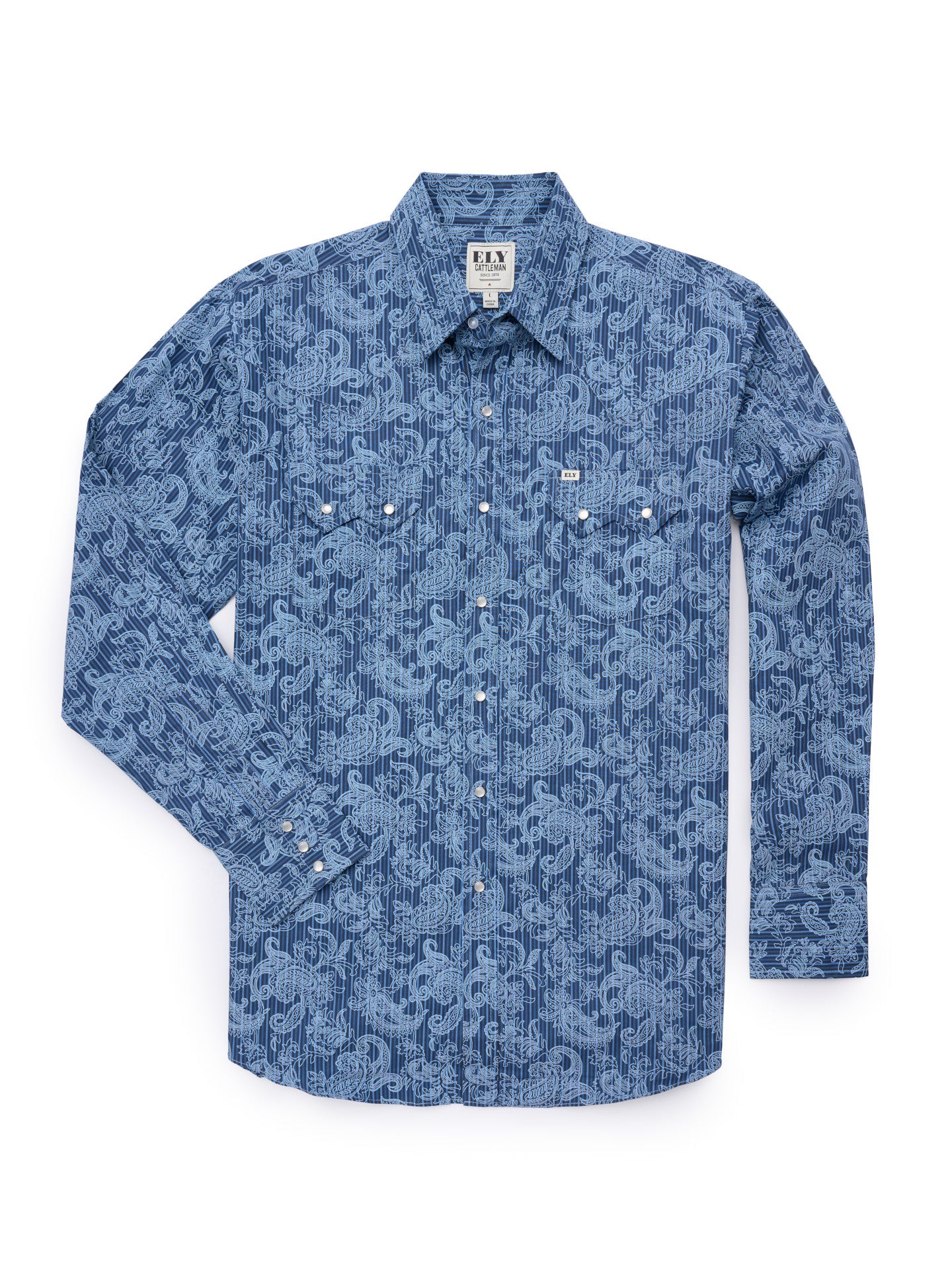 Men's Ely Cattleman Long Sleeve Paisley Print Western Snap Shirt - Denim Blue & Burgundy