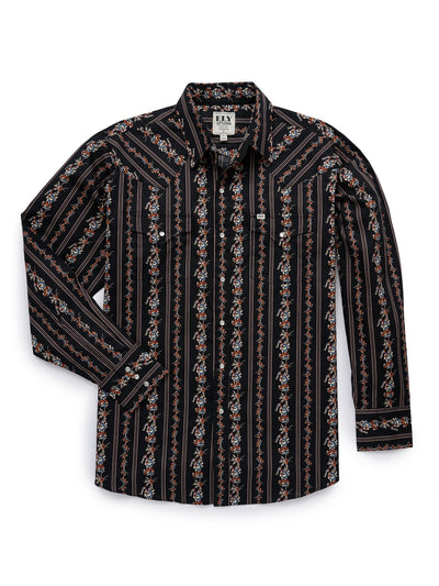 Men's Ely Cattleman Long Sleeve Wallpaper Floral Stripe Western Snap Shirt - Ecru & Black