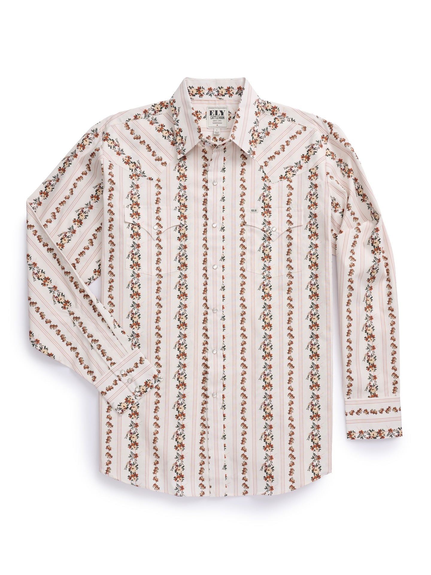 Men's Ely Cattleman Long Sleeve Wallpaper Floral Stripe Western Snap Shirt - Ecru & Black