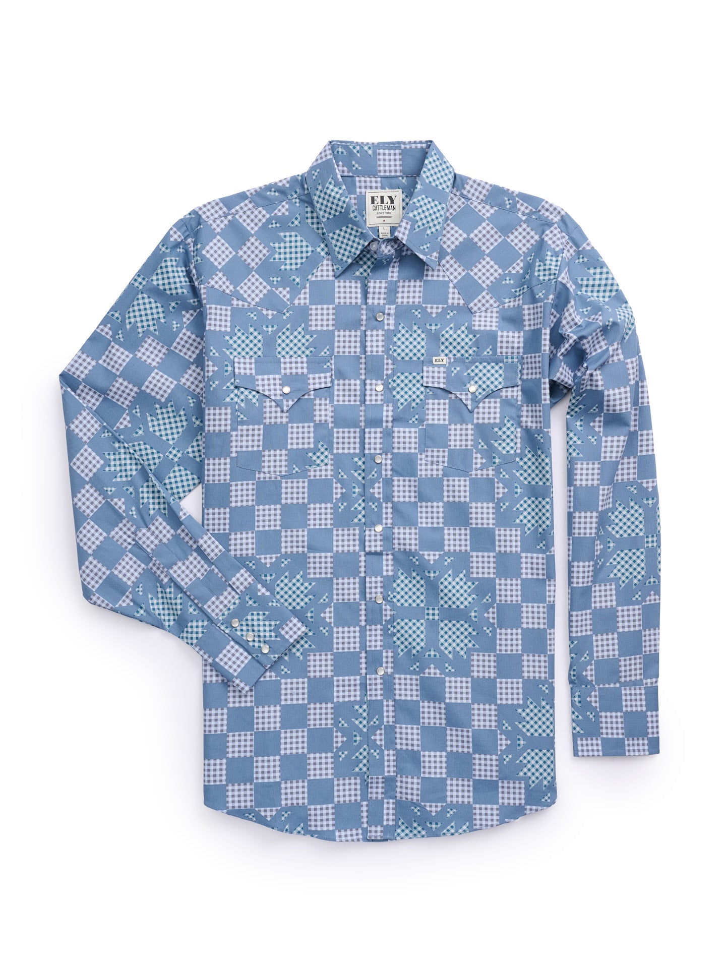 Men's Ely Cattleman Long Sleeve Checkered Patchwork Print Western Snap Shirt - Denim Blue