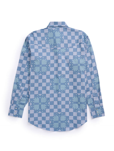 Men's Ely Cattleman Long Sleeve Checkered Patchwork Print Western Snap Shirt - Denim Blue