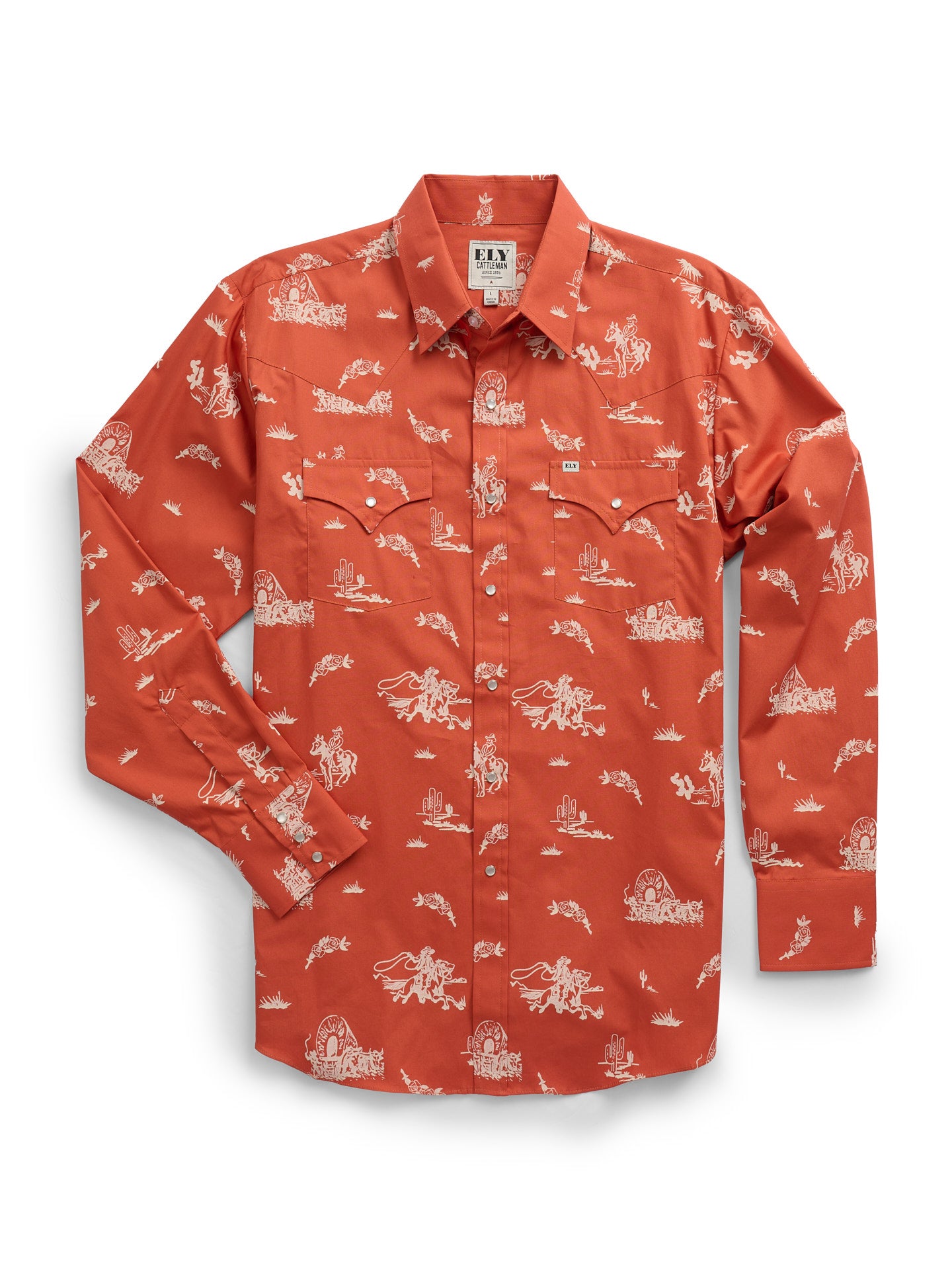 Men's Ely Cattleman Long Sleeve Cowboy Print Western Snap Shirt- Spice