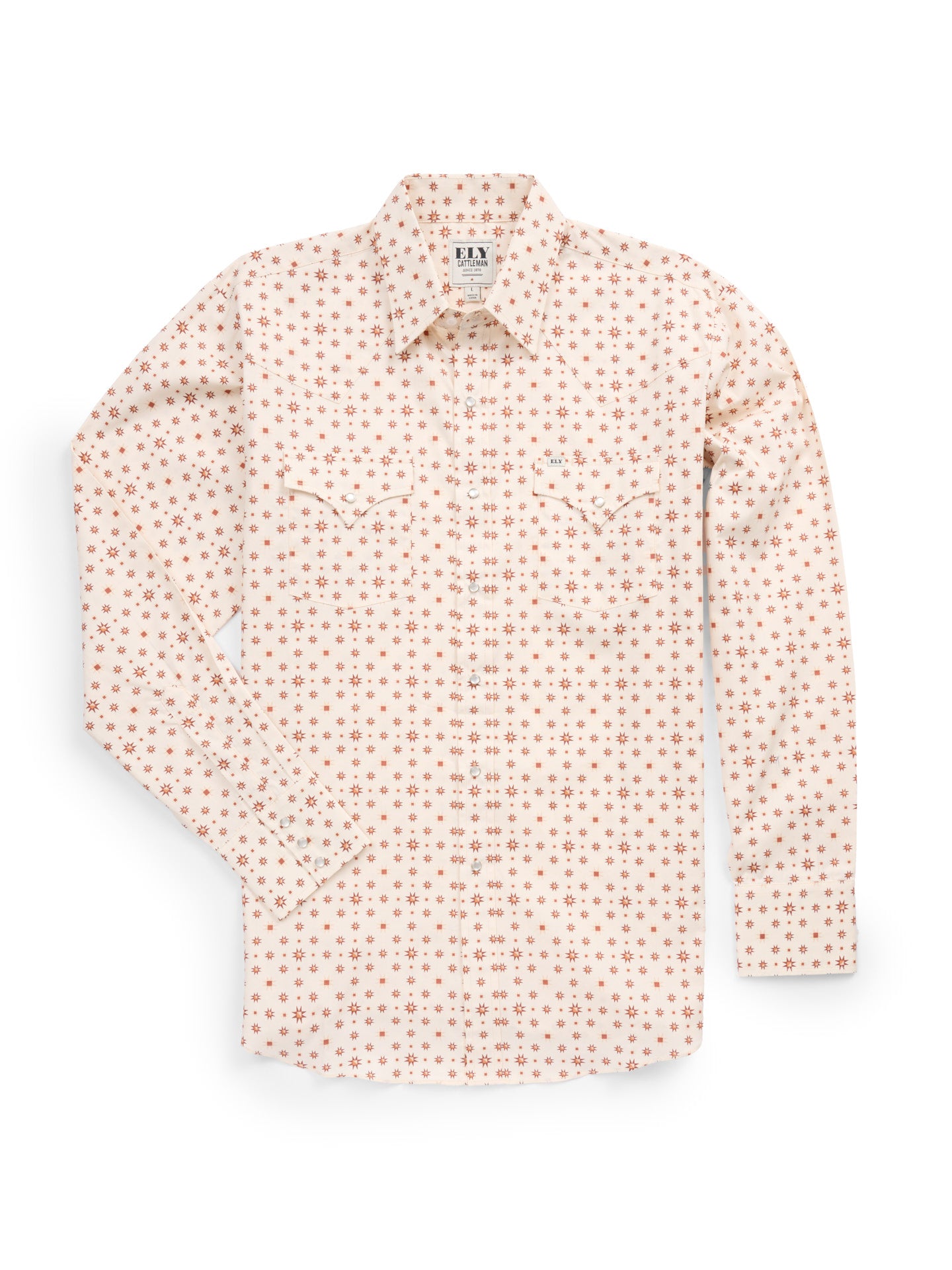 Men's Ely Cattleman Long Sleeve Retro Star Print Western Snap Shirt - Ecru