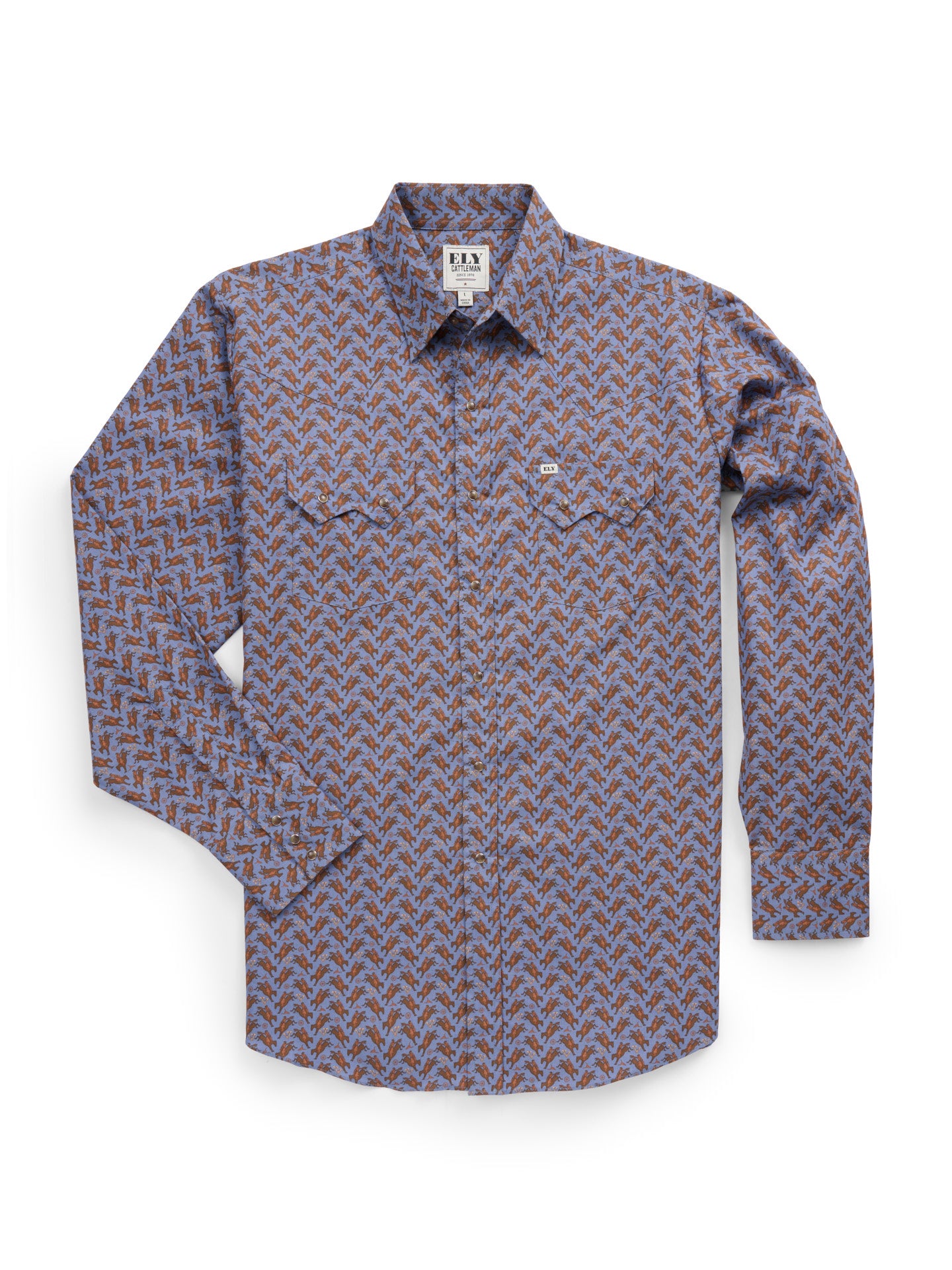 Men's Ely Cattleman Long Sleeve Cowboy Print Western Snap Shirt- Denim Blue