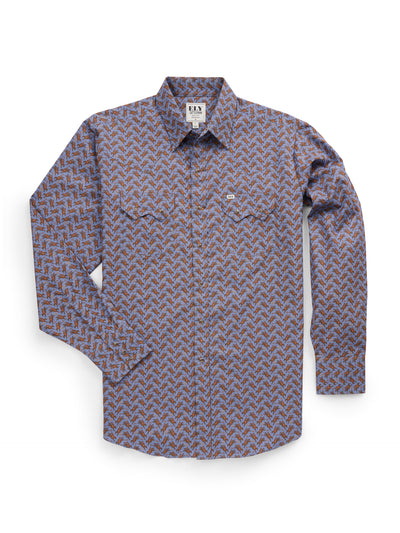 Men's Ely Cattleman Long Sleeve Cowboy Print Western Snap Shirt- Denim Blue