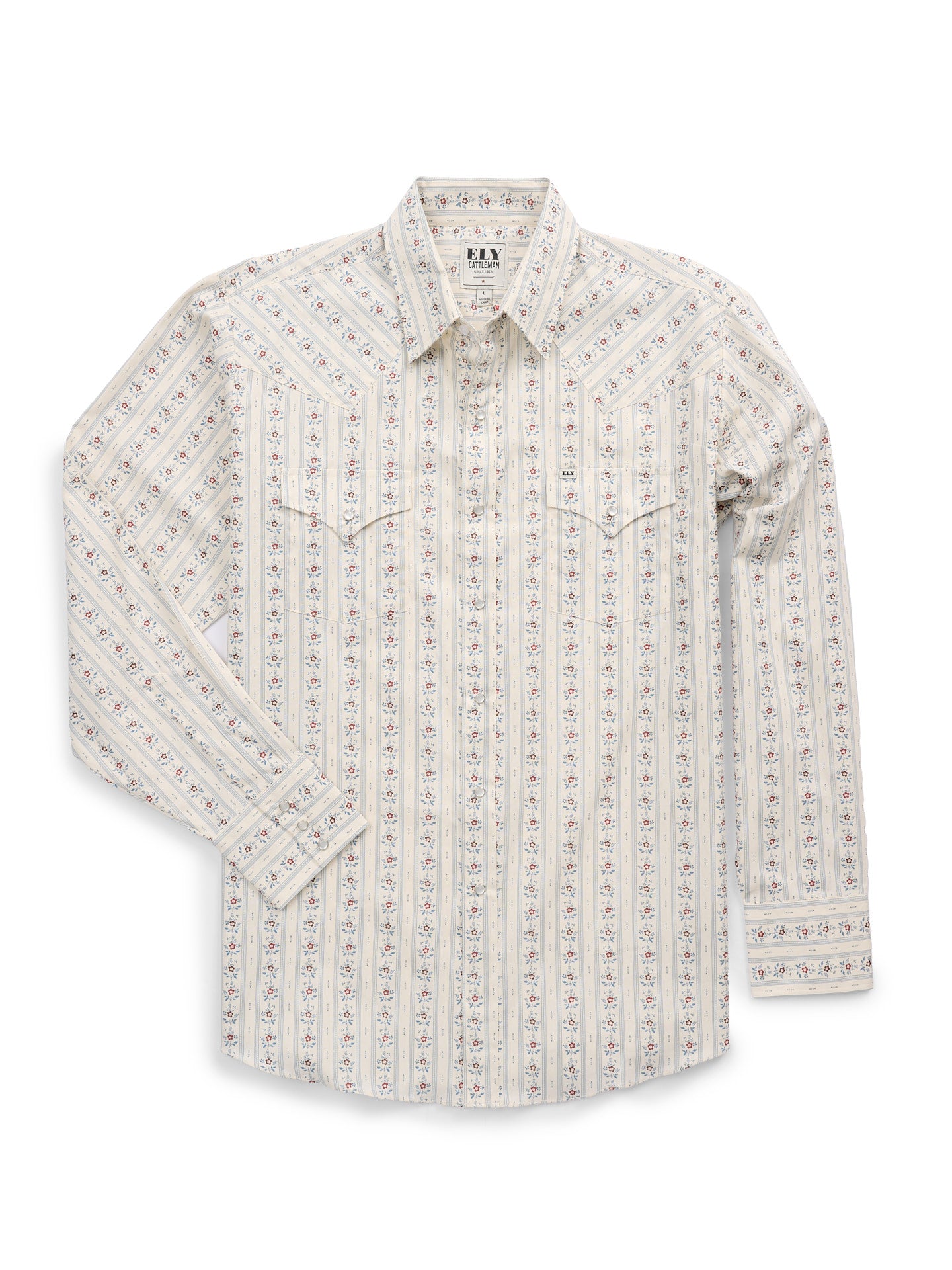 Men's Ely Cattleman Long Sleeve Wallpaper Floral Print Western Snap Shirt- Ecru